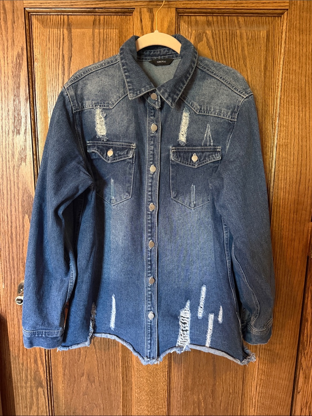 Dokotoo Distressed Dark Blue Denim Frayed Long Sleeve Jacket